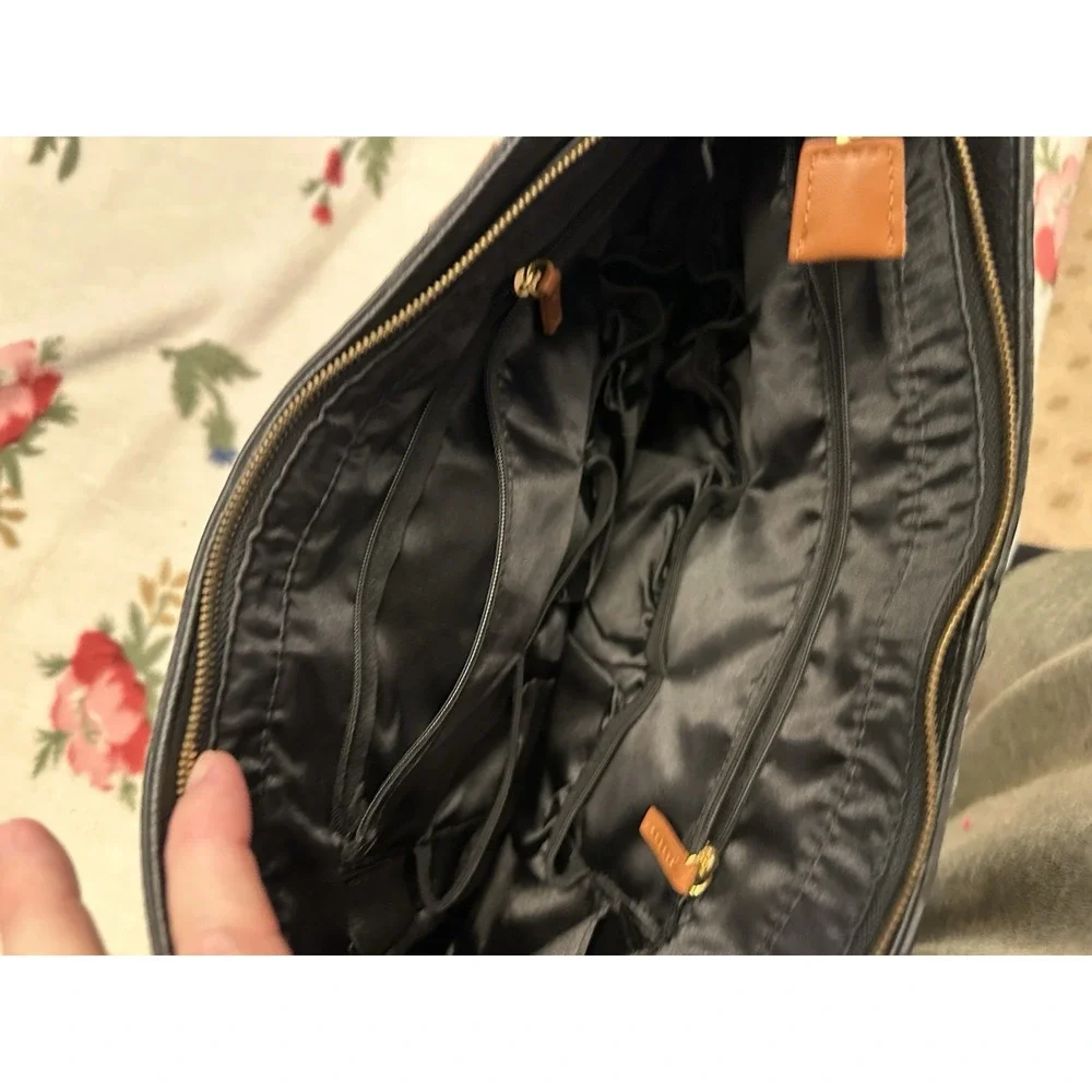 JOY & IMAN Pebbled Black Satchel Top Handle Zip Bag Brown Handles Pockets